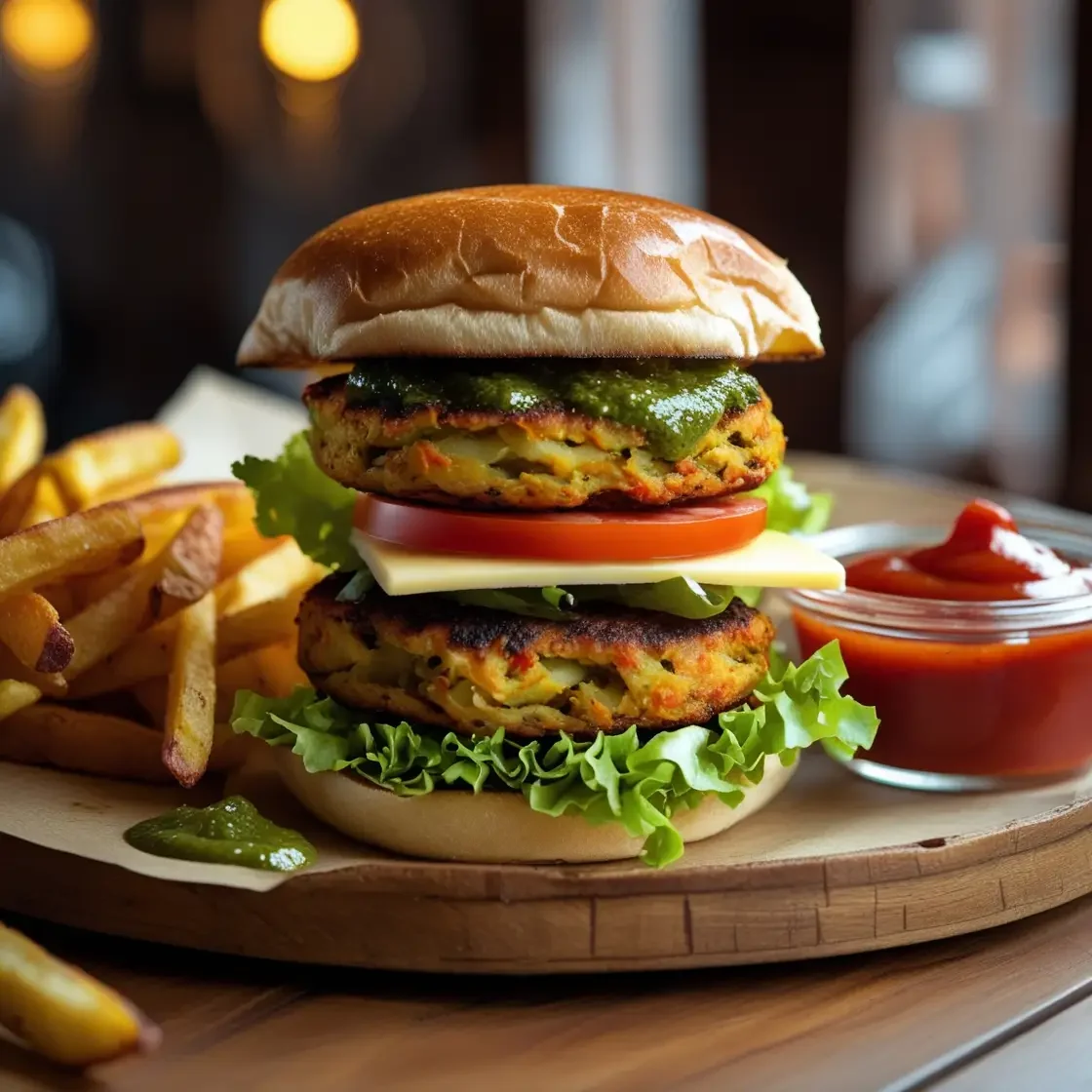 Home 2 Indian-style aloo tikki burger with crispy potato patty, lettuce, tomato, onion, cheese slice, green chutney, and toasted bun, served with masala fries and ketchup on a wooden plate.