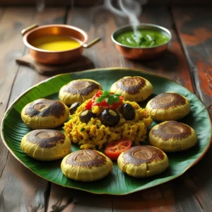Traditional Bihari litti chokha with roasted wheat balls stuffed with sattu, served with spicy chokha and melted ghee on a rustic plate.