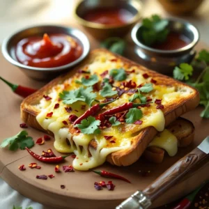 Chilli cheese toast recipe Indian style – spicy bread toast with cheese, onion, chillies, served hot